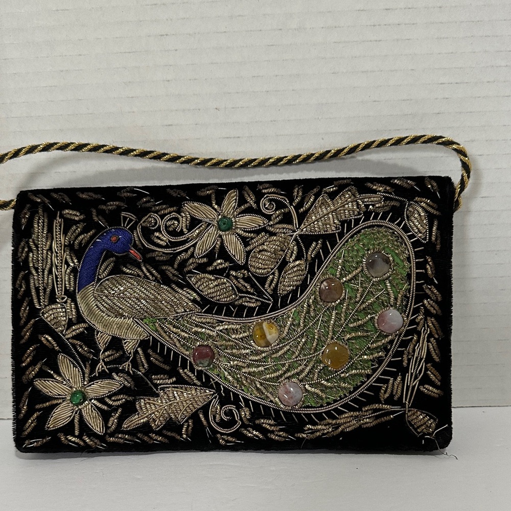 Elegant Black and Gold Embroidered Velvet Clutch Peacock Handbag with Stones